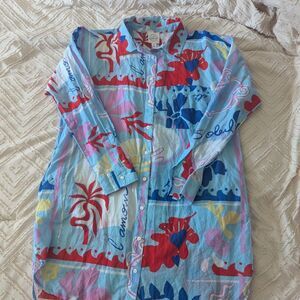LOFT Beach Cotton Shirt Dress Medium Blue Abstract High Low Hem L’amour French